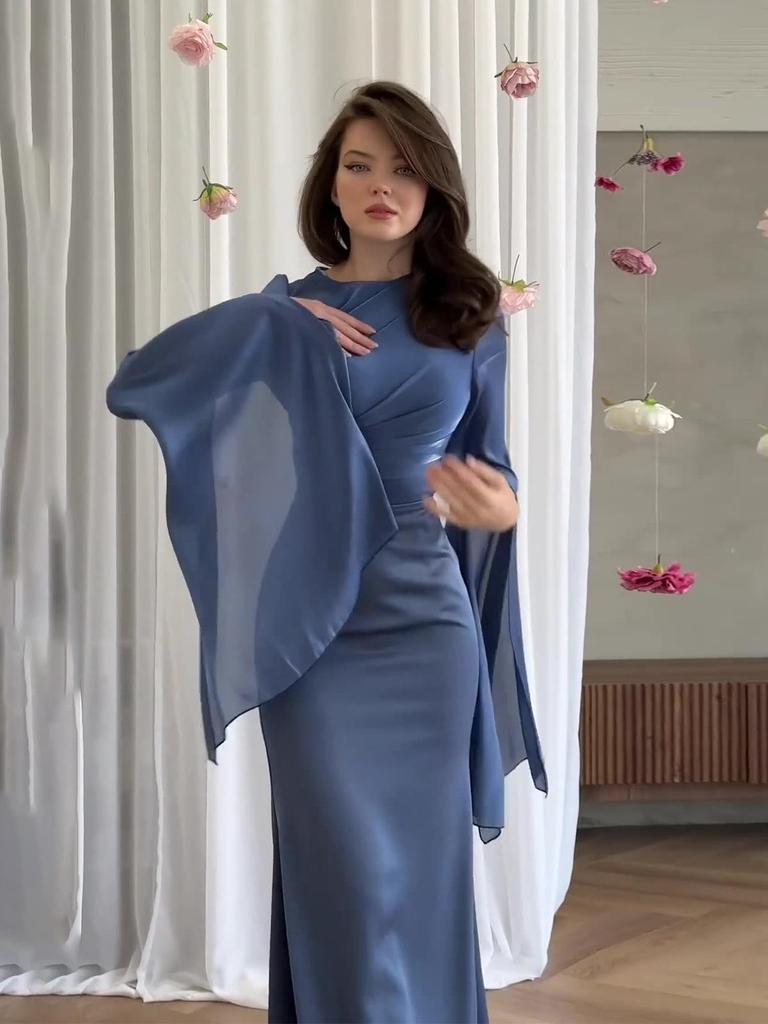 2025 Spring Socialite Slimming Spliced Glass Yarn Long Sleeve Satin Dress