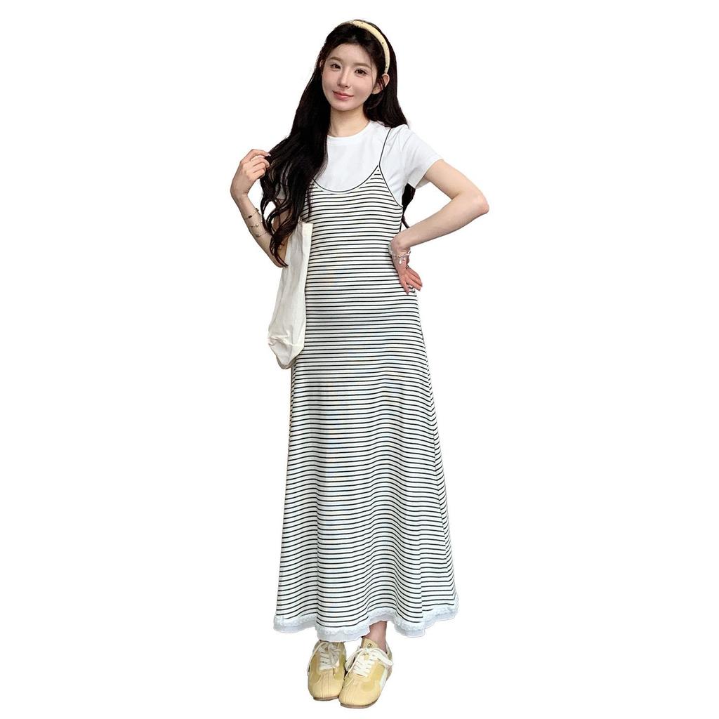 2026 Summer Casual Maternity Two-Piece Set: Short-Sleeved T-Shirt + Striped Slimming Overalls Skirt