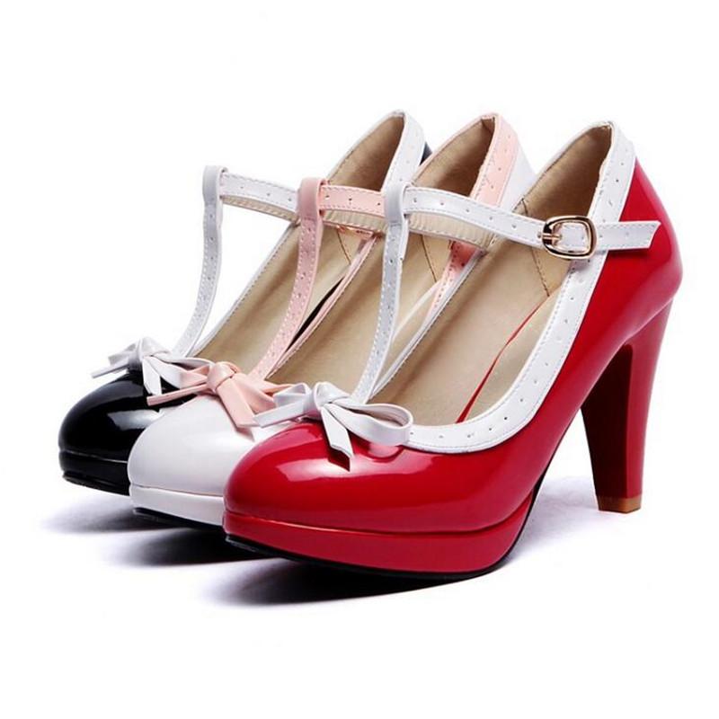 Big Size 32-43 Women Pumps Sweet Bowtie Shoes Patent Leather Chunky Female High Heels Party Wedding Prom Footwear Girls Shoes