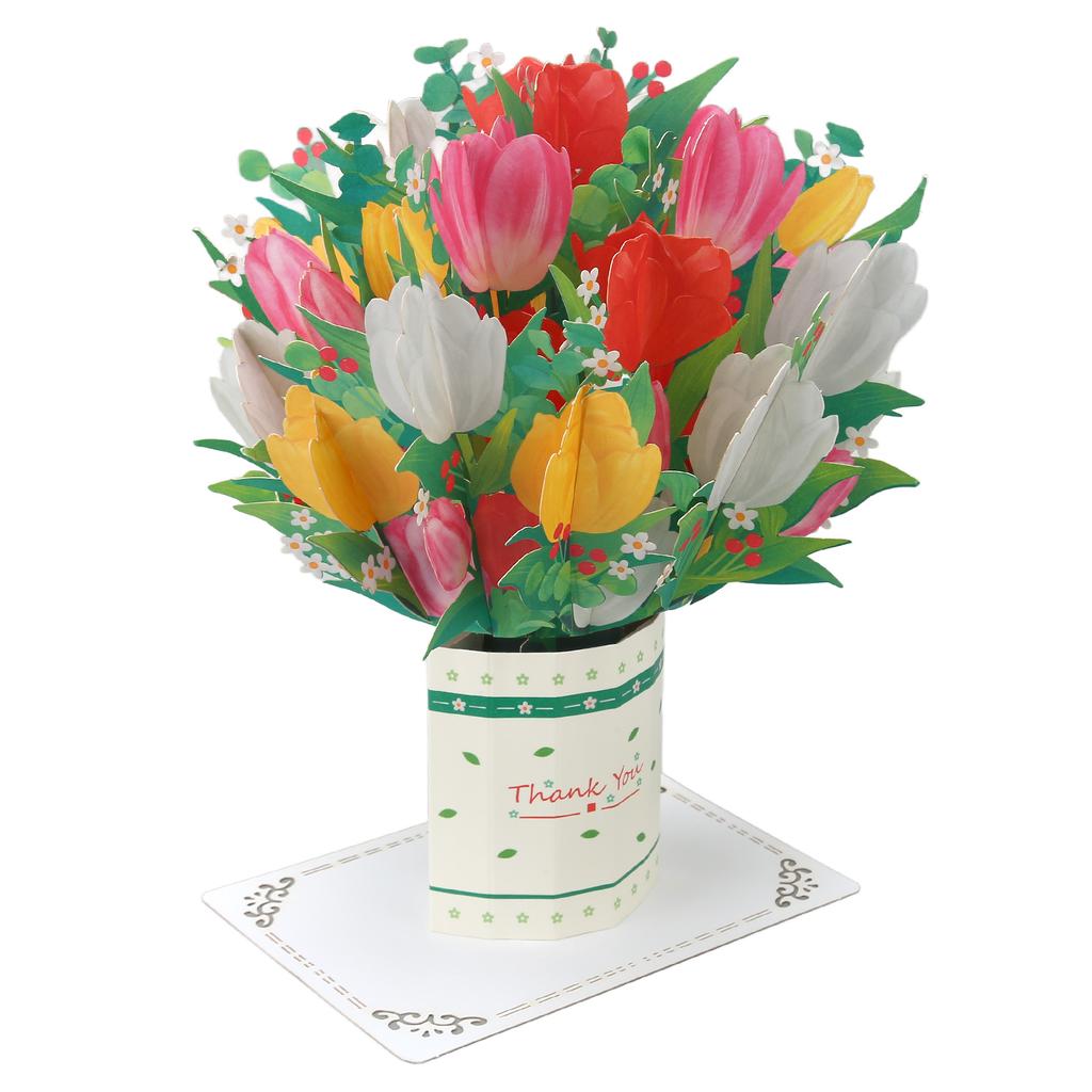 Flower Popping Up Card Vase Bouquet Style Thick Paper Vivid Colors 3D Greeting Cards for Party Anniv
