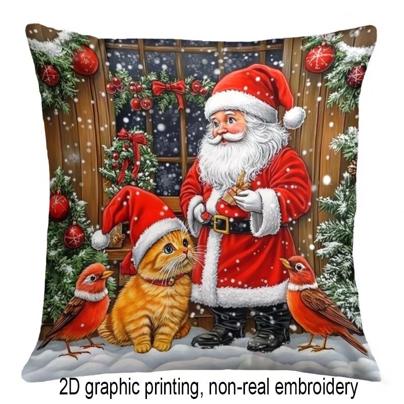 2D Flat Print 1pc Santa Claus Cat Cardinal Wooden Cabin Snow Scene Illustration Double-Sided Print Pillowcase, Christmas Holiday Home Decor Cushion Co