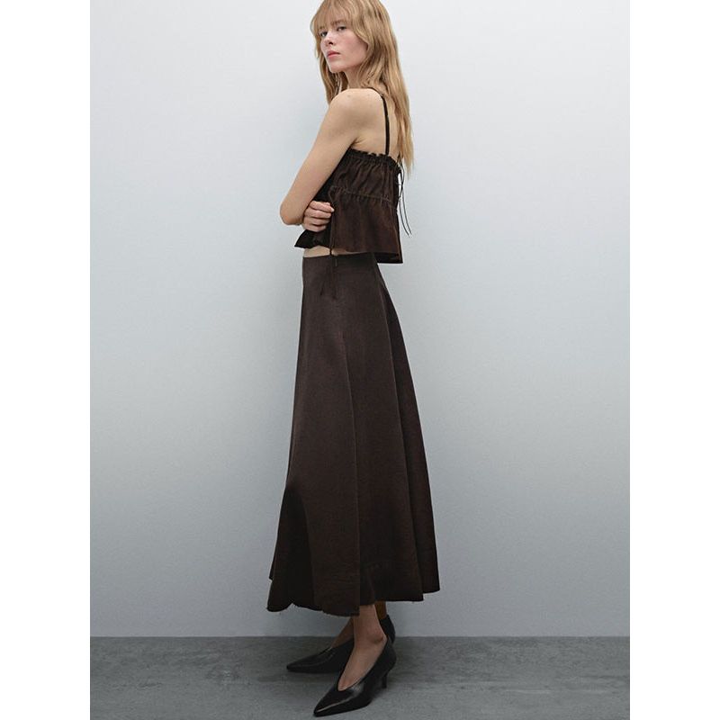 MD Women clothes French style Vacation Wave Style Retro Brown Texture Linen Umbrella Skirt Women's Skirt 05236586717