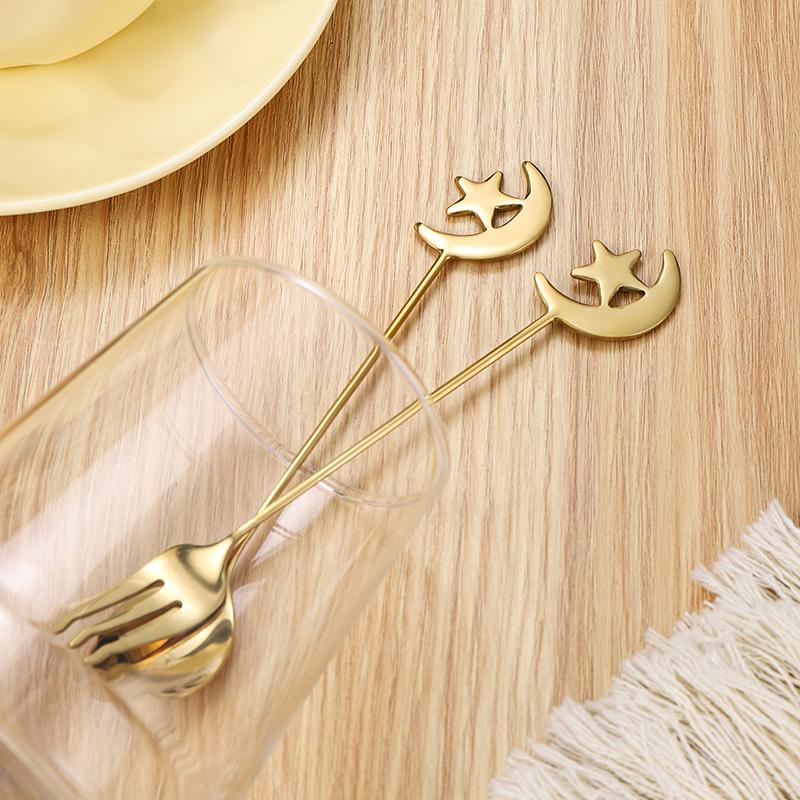 6Pcs Stainless Steel Star Moon Dessert Spoon Fork Set Gold Silver Coffee Stirring Spoon Forks Coffee Bar Kitchen Accessories