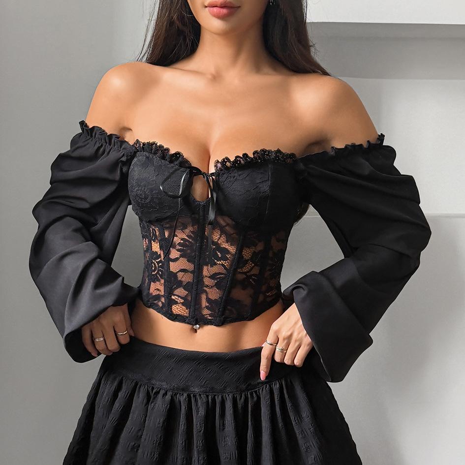 Top in Pizzo Nero a Maniche Corte Off-the-Shoulder