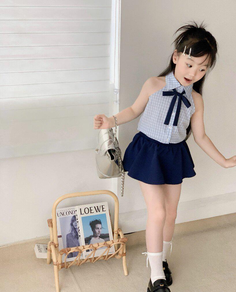 Girls' Summer Plaid Halter Set – Navy Skirt & Shirt