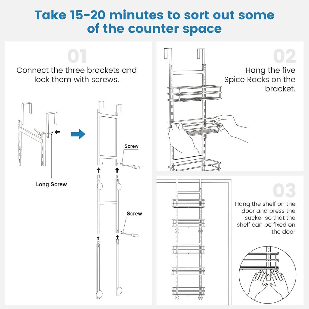 Adjustable 5-Tier Over the Door Pantry Organizer, Spice Rack, Narrow Hanging Shelf for Kitchen Storage and Organization