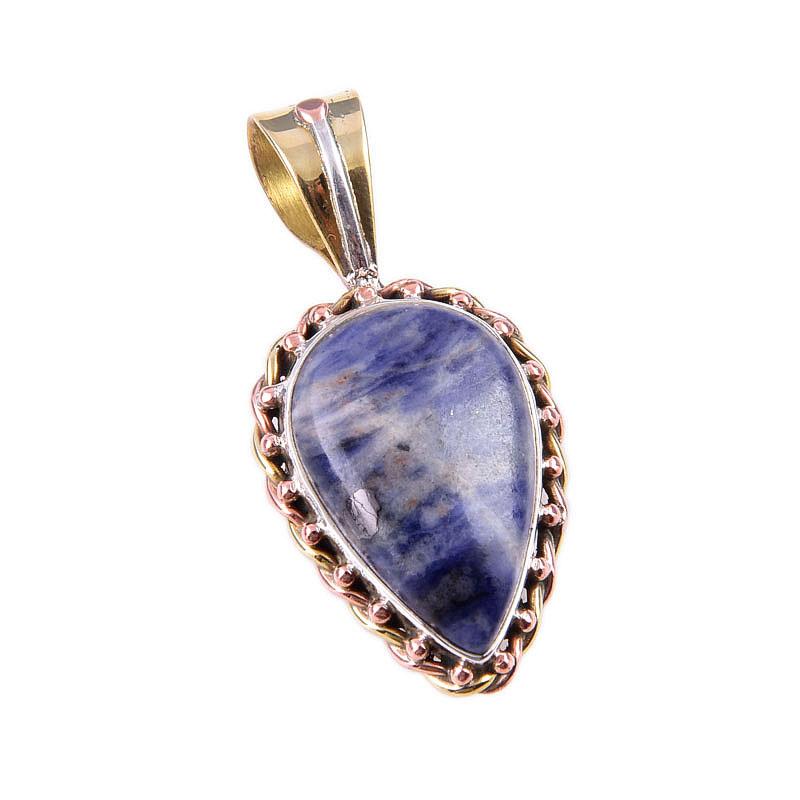 Natural Sodalite Gemstone 925 Solid Sterling Silver Two Tone Pendant 1.25'' W3Y52
