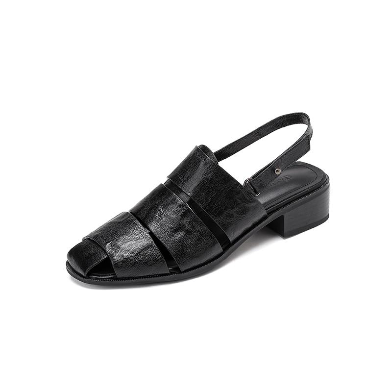 

Fashion NEW Summer Women Sandals Genuine Leather Shoes for Women Square Toe Chunky Heel Shoes Cover Toe Slingback Shoes Weave Sandals 40 чёрный