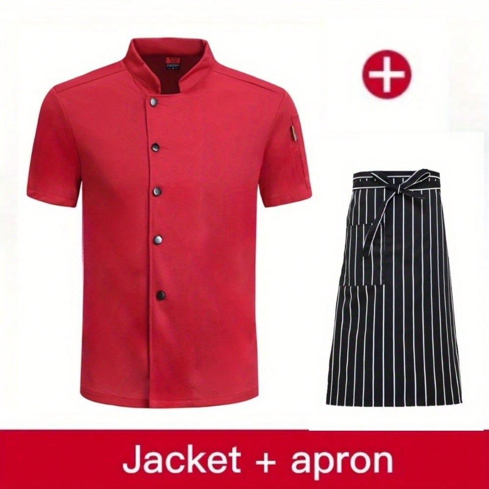 

Комплект шеф-повара из двух предметов с фартуком Дышащая шеф-поварская форма с коротким рукавом Рубашка официанта для ресторана, отеля, кухни M красный