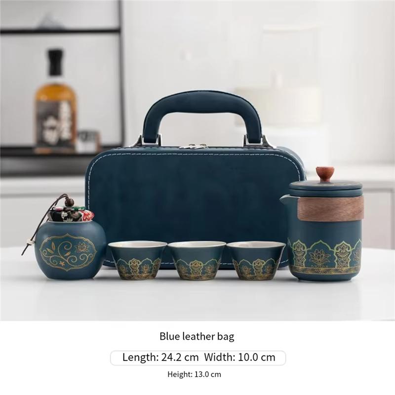 A25F- Travel Tea Set 1Set-Portable Teapot Tea Canister Tea Cup Outdoor Quick Cup Leather Carry Bag
