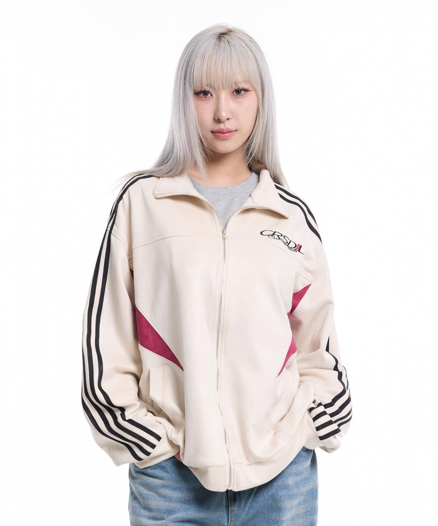 Cream Soda Lab Suede 4-Stripe Track Contrast Zip-Up Ivory