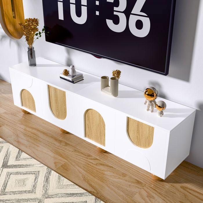 Meuble TV Bas - Moderne - Blanc et Bois - 4 Portes et Rangements pour Salon