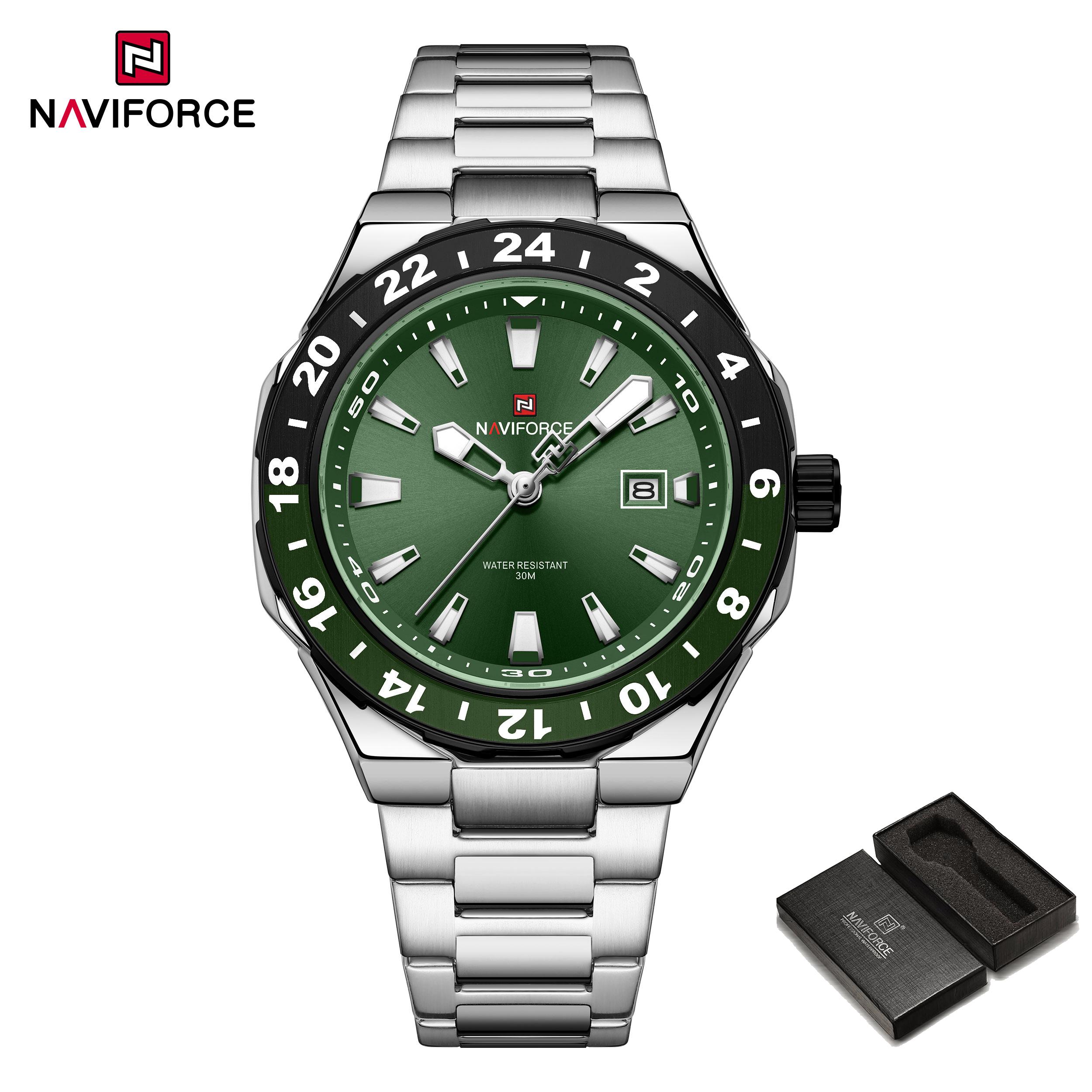 

Кварцевые часы с календарем NAVIFORCE для мужчин, водонепроницаемые, со светящимися стрелками, ремешок из нержавеющей стали, повседневные, деловые, модные мужские часы NF9249 серебряный/зелёный