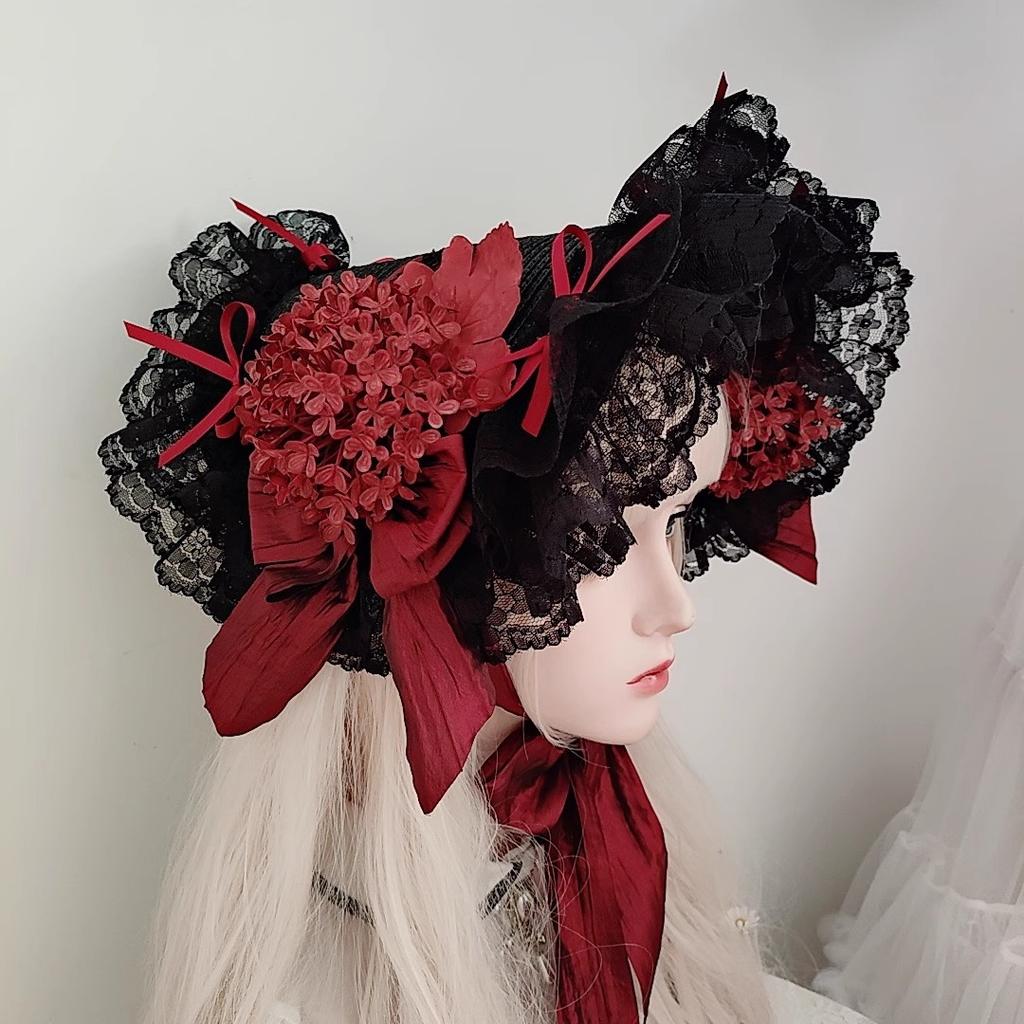 Handmade Vintage Victorian Gothic Tea Party Lace Straw Hat Lolita Girls Flowers Bonnet with Ruffles Halloween Black Headdress