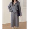 Grey hooded strap double zipper two-piece set casual style large size pit strip skirt knitted cardigan set