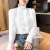 2023 Pleated Blusas Simple Ruffles Lace Shirt  Flare Long Sleeve Ruffled Stand Collar Blouse Women Fashion Elegant Tops 30049