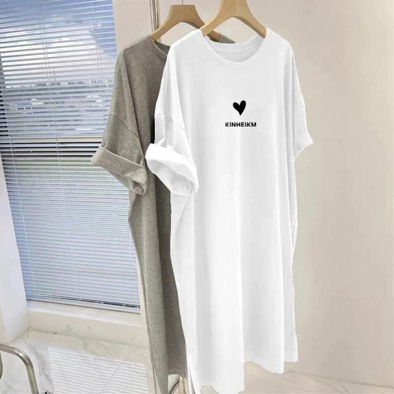 White Dress Loose Cotton Short-sleeved Long T-shirt Women's Skirt Fat Belly and Thin Large Size Split Skirt