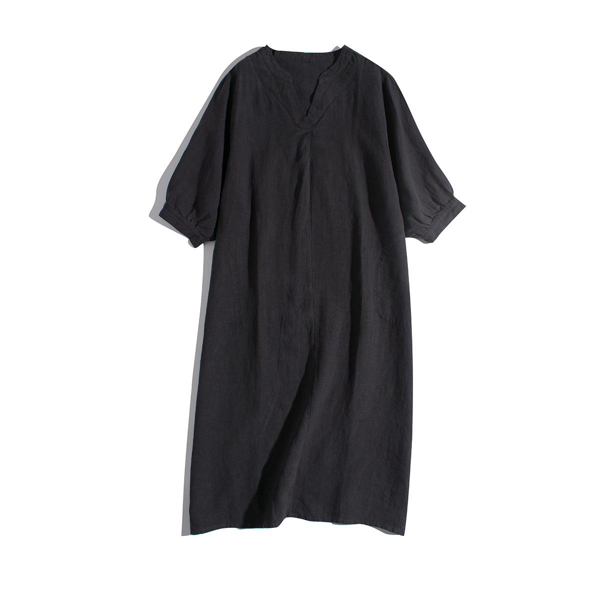 

Summer New Loose Neck Five Quarter Sleeve Cotton Linen Dress for Women, Mid Length Skirt 2XL