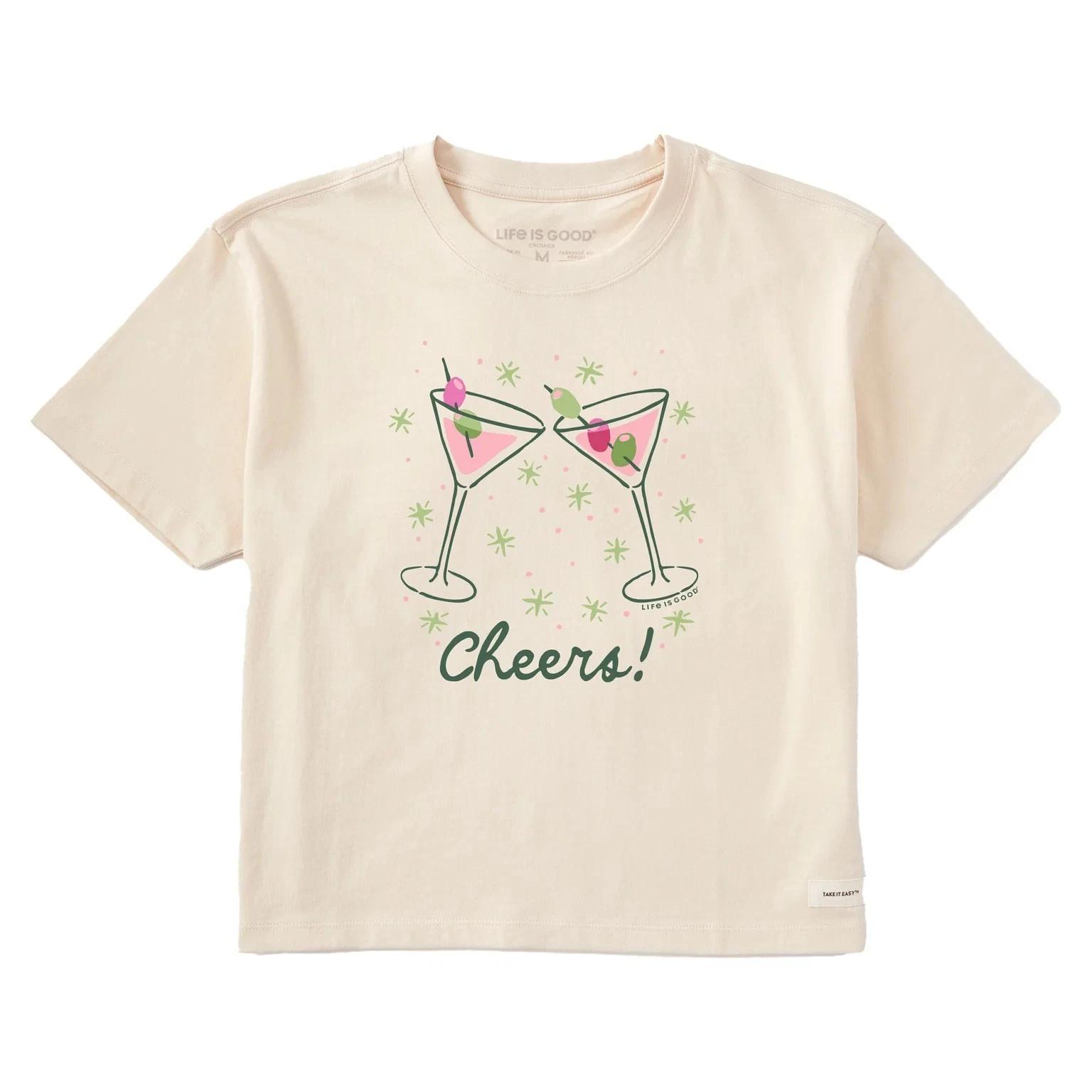 

Life is Good Women s Holiday Martinis Short Sleeve Crusher Boxy Tee, Putty White 2XL