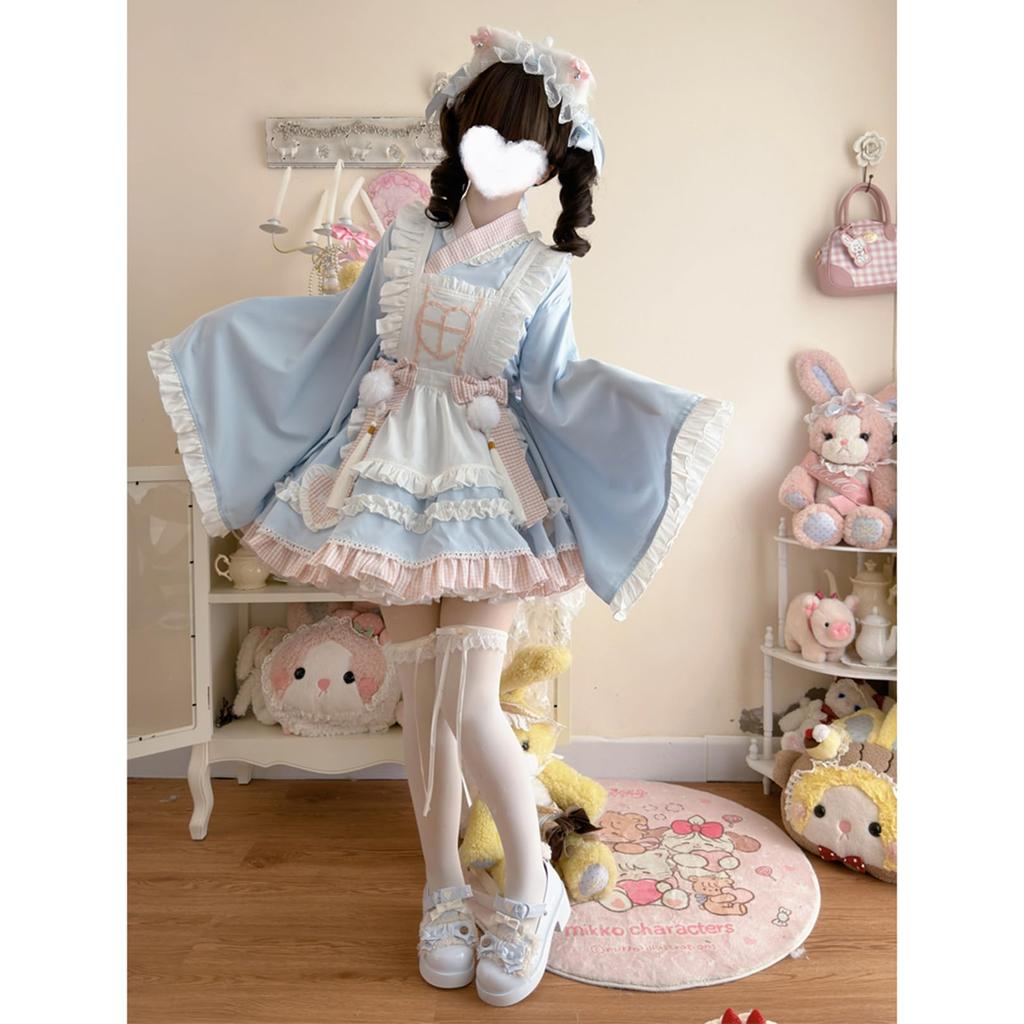 Toku and Yu Lolita Maid Japanese Kimono with Ribbon and Tassel Cute Checked Long Mori Girl Perfect for Tea School and Costumes Size Dress, Style,
