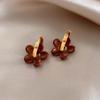Vintage Red Glazed Flower Hoop Earrings for Women Girls 2024 New Trendy Design Petal Temperament Earrings Zircon