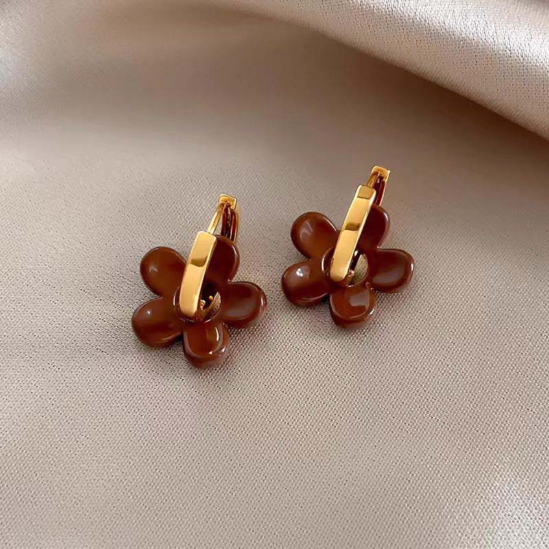 Vintage Red Glazed Flower Hoop Earrings for Women Girls 2024 New Trendy Design Petal Temperament Earrings Zircon