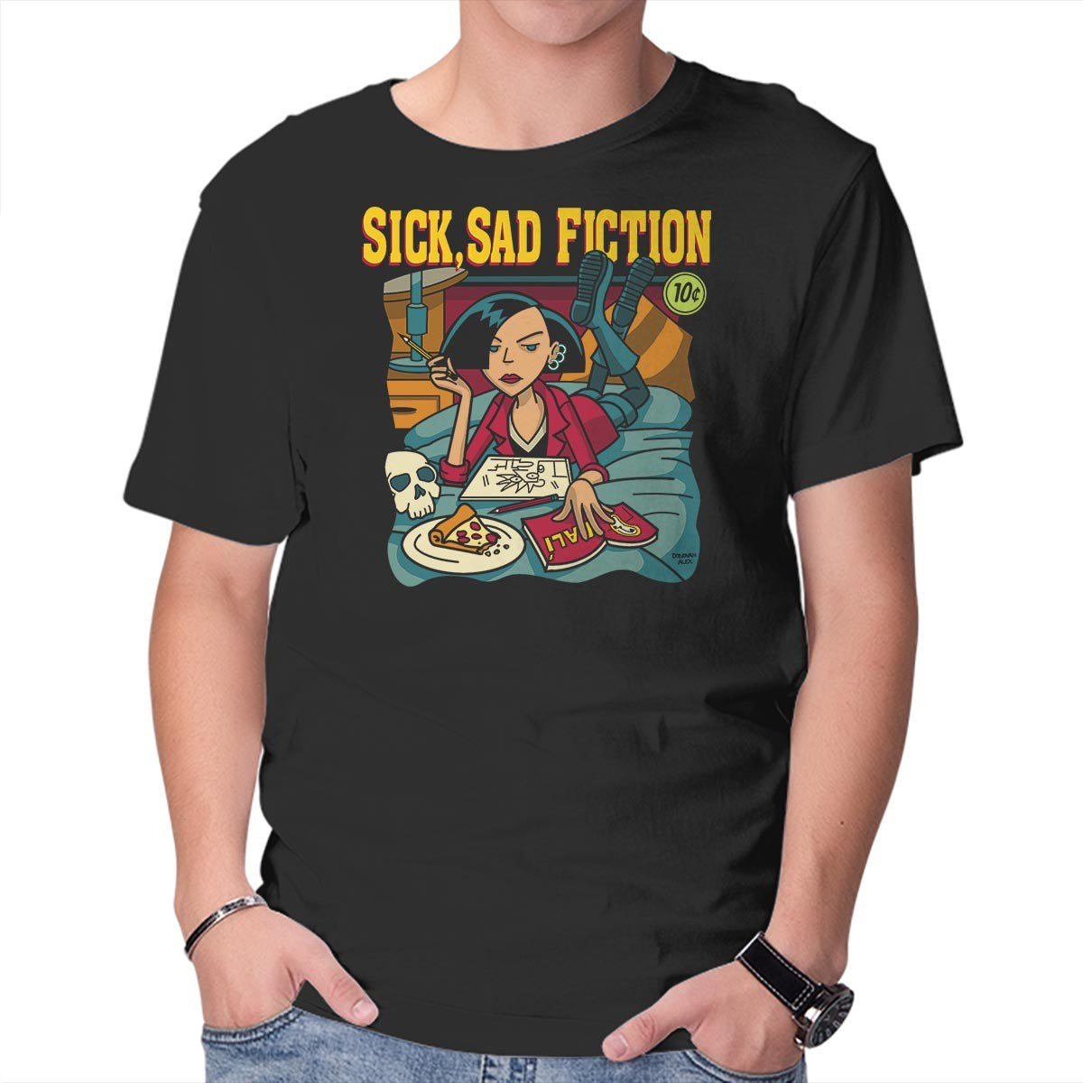 Unisex Crew Neck T-Shirt Sick Sad Fiction Graphic Short Sleeve Casual Tee S