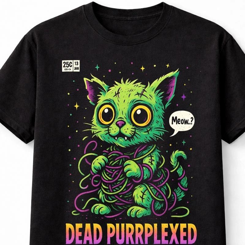 Zombie Cat T Shirt Dead Purrplexed Horror Halloween Tee Unisex Black S