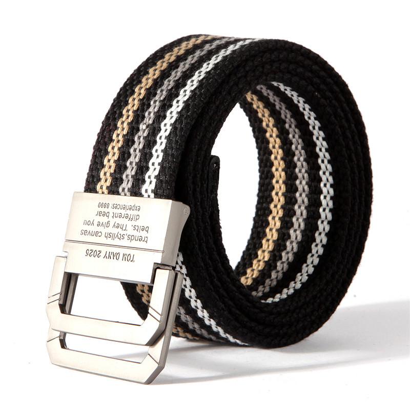 Men's Fashion Canvas Belt with Double Ring Buckle for Teens and Students - Leather-Accented and Adjustable Trousers Belt.