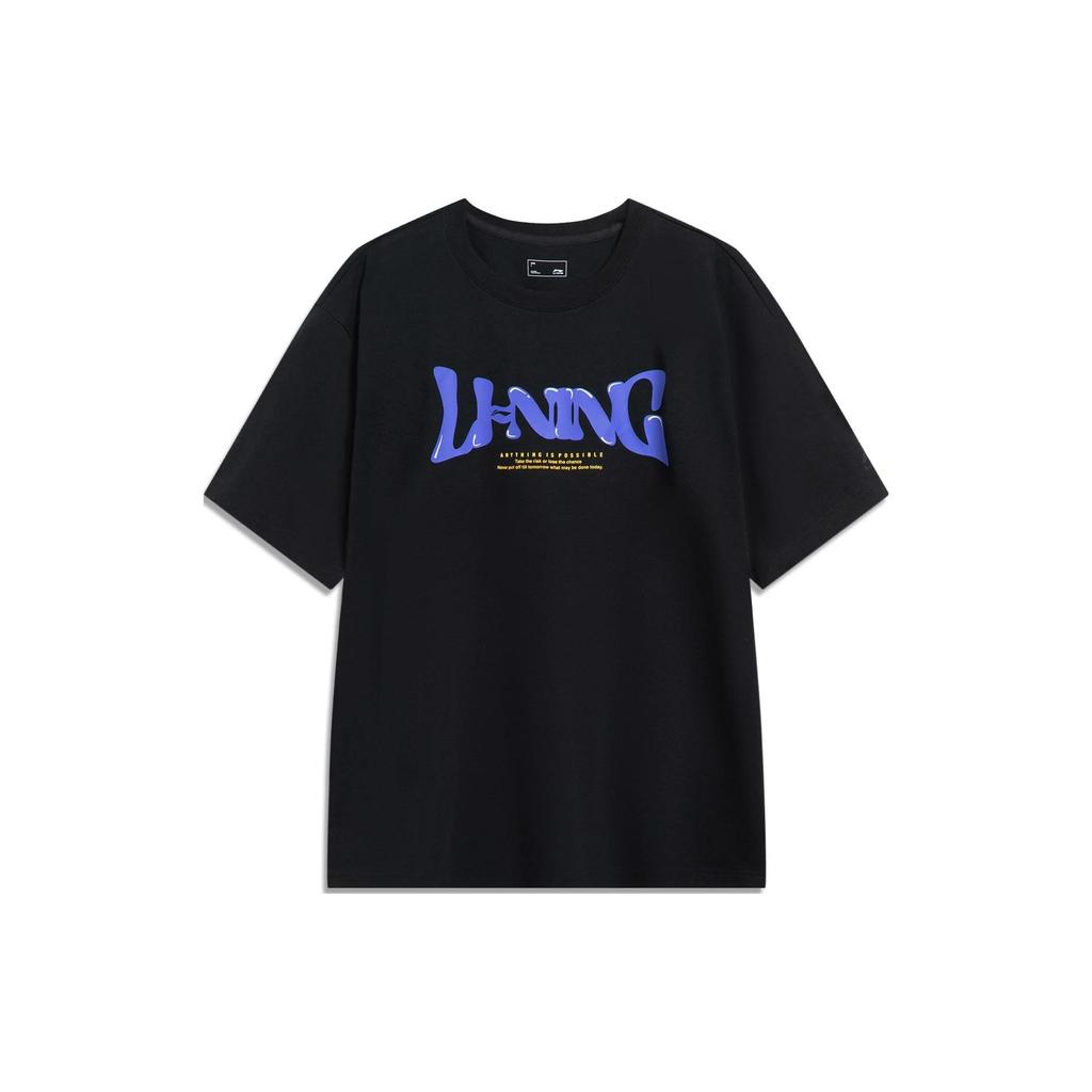 Li-Ning Sports Life Series Letter Print Loose Round Neck Short Sleeve T-Shirt Men Tops Black AHST761-1