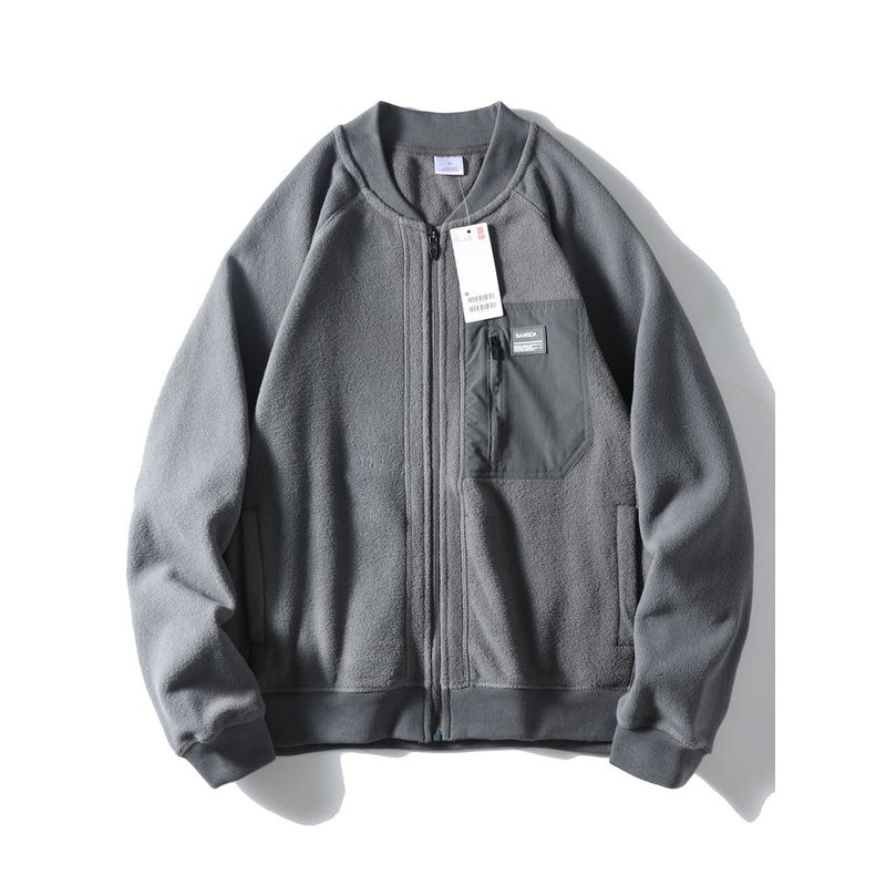 American Double-Sided Polar Fleece Jacket Men s Fall/Winter Baseball Uniform Export Cardigan Outdoor Fleece Coat Liner Jacket Grey M