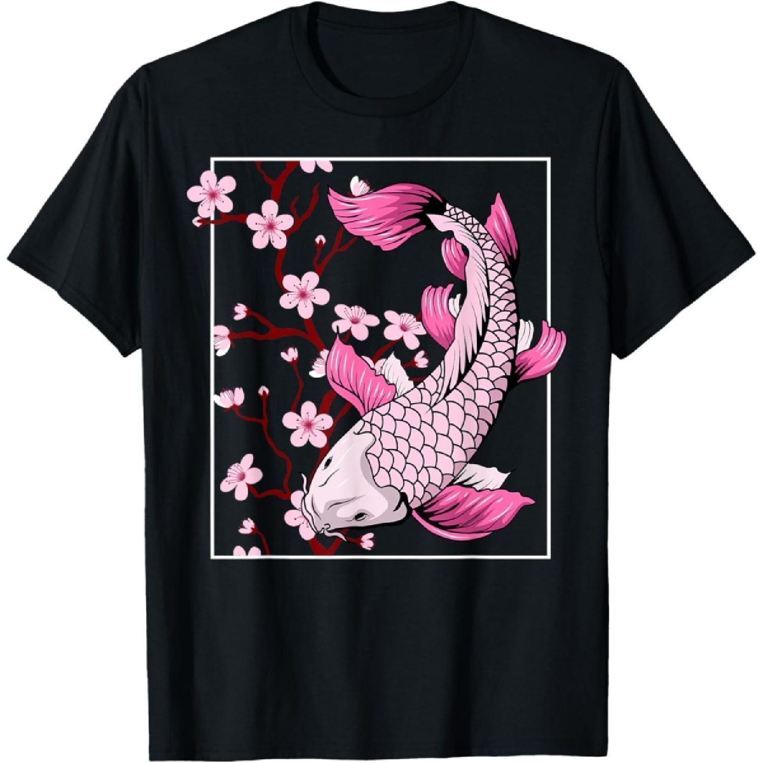 Винтажная футболка с изображением цветущей сакуры и рыбы кои S