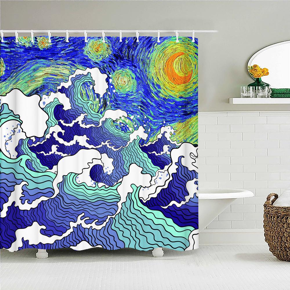 Classic Creativity Waves Spray Bath Curtain Waterproof Fabric Japanese style Shower Curtains Bathroom Bathtub Screen With Hooks
