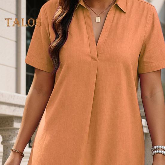 Women A-Line Dress V-Neck Lapel Short Sleeve Solid Color Summer Dress Loose Fit Lightweight Casual Dress