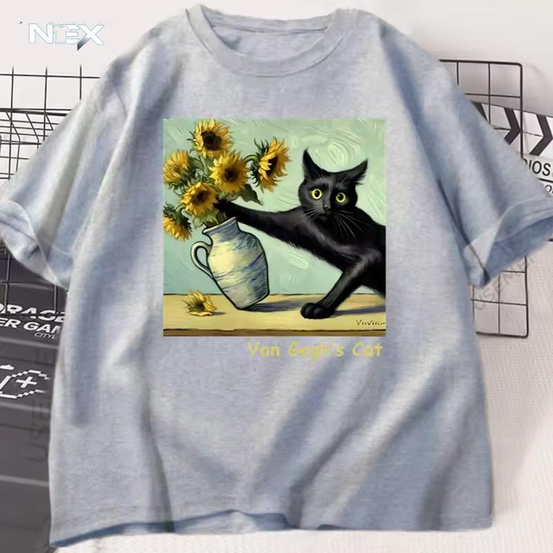 Van Gogh's Cat Art Print T Shirt Funny Graphci T Shirts Cotton Trendy Summer Loose Short Sleeved T-shirt Men Women Harajuku Top