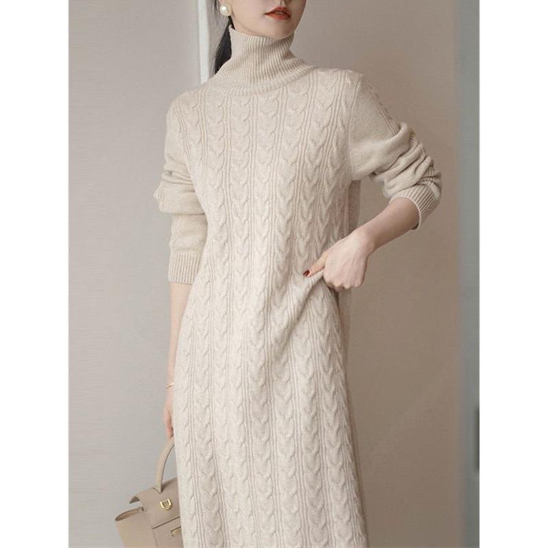 Lace-up waist high-necked knitted dress for women's autumn and winter new loose and thin over-the-knee primer sweater skirt for women