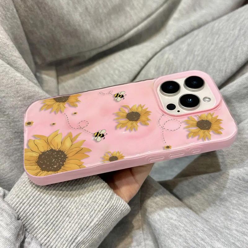 Sunflower Bee Illustration Pattern Phone Case for Iphone 17 Air 16 16e 15plus 14 13 12 11 Pro Max Simple Wrinkled Texture Cover