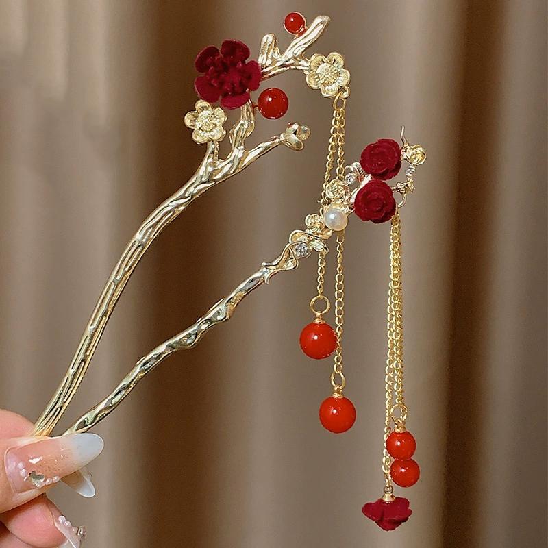 Retro Red Hair Stick Chinese Style Hanfu Tassel Women Flowers Chopsticks Alloy Hairpin Woman Jewelry Hair Clip Accessories