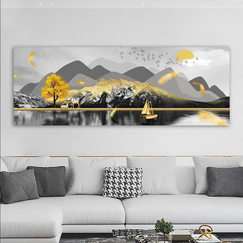 Landscape Golden Mountain Posters and Prints Canvas Painting Tree Boat Deer Cuadros Light Luxury Wall Art Living Room Home Decor