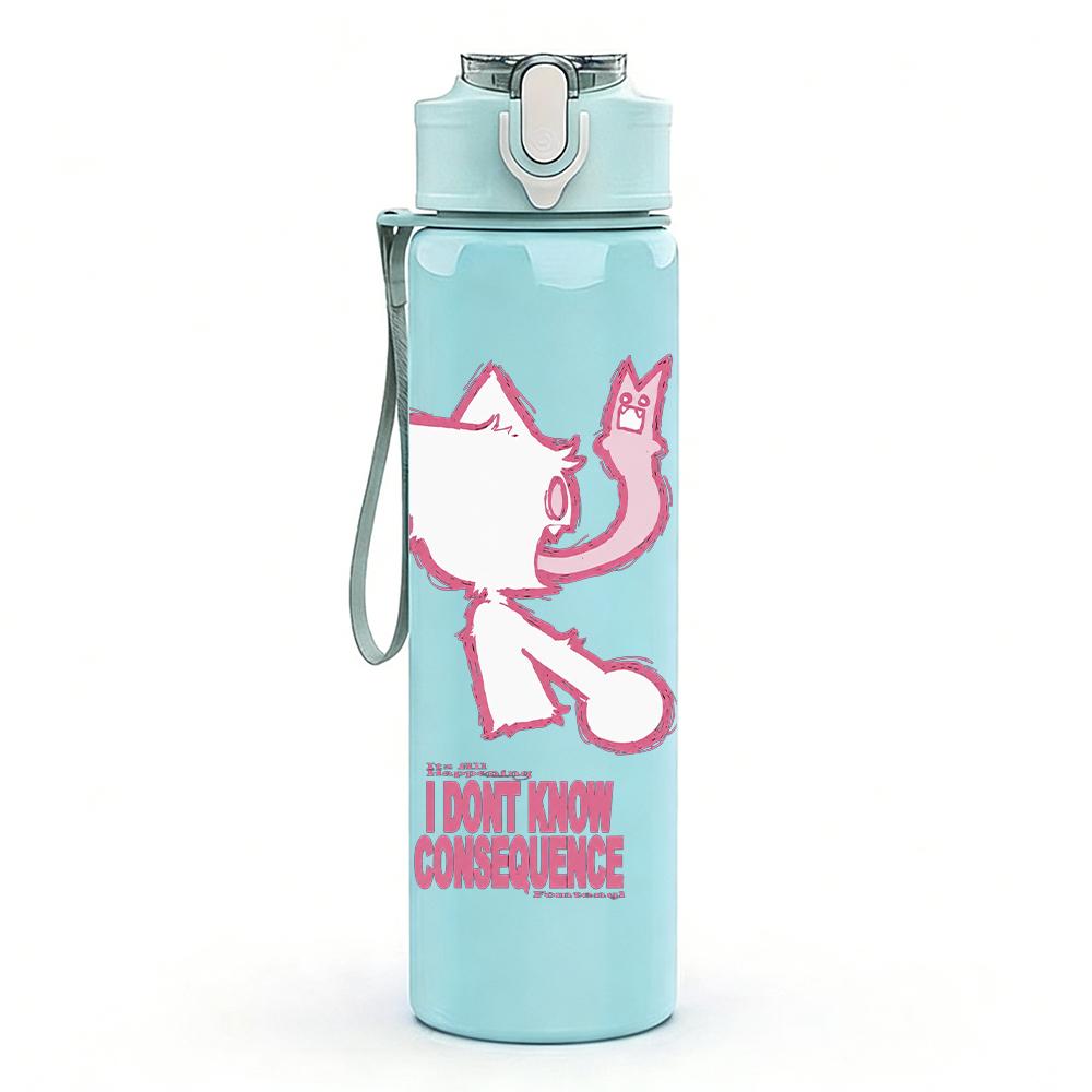 1PC Pink Cat Cartoon Line Art Print 750ml Colorful Plastic Sports Water Bottle Leakproof Pop Up Lid with Straw for Outdoor Work Home Use