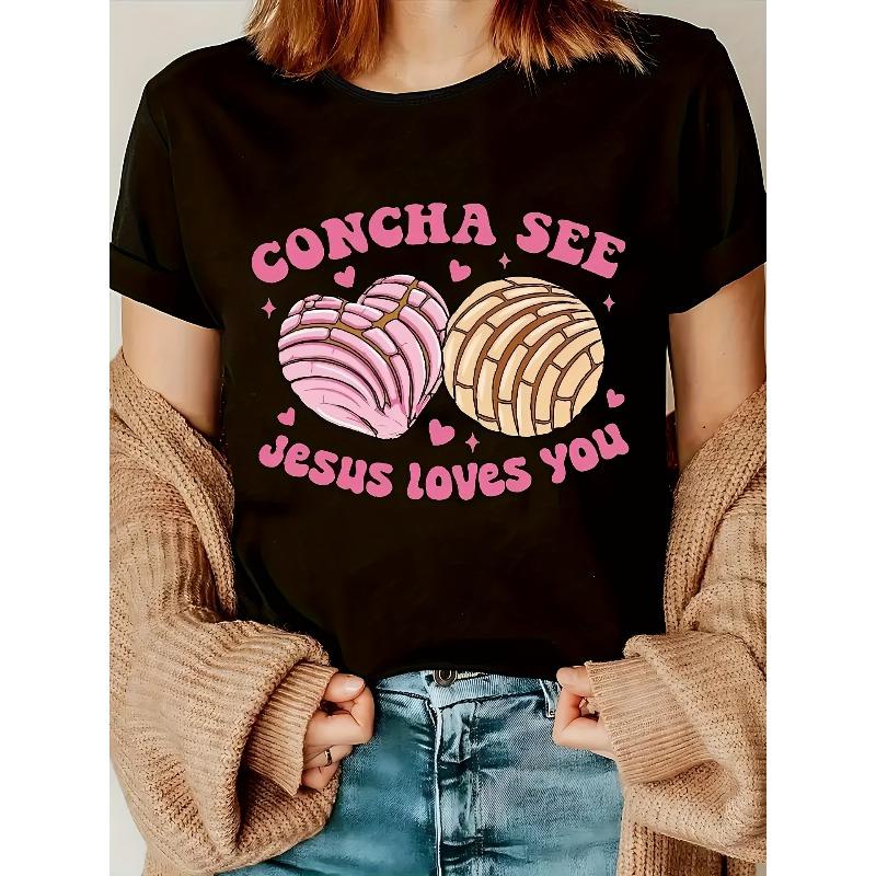 Women s Summer Spring Casual Tee Short Sleeve Crew Neck Graphic Print Top S чёрный