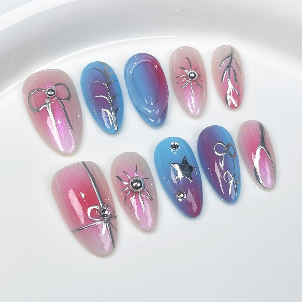 10 Pcs Handmade Silver French Almond Press On Nails With 3D Butterfly Metallic Design Full Cover Wearable False Nails