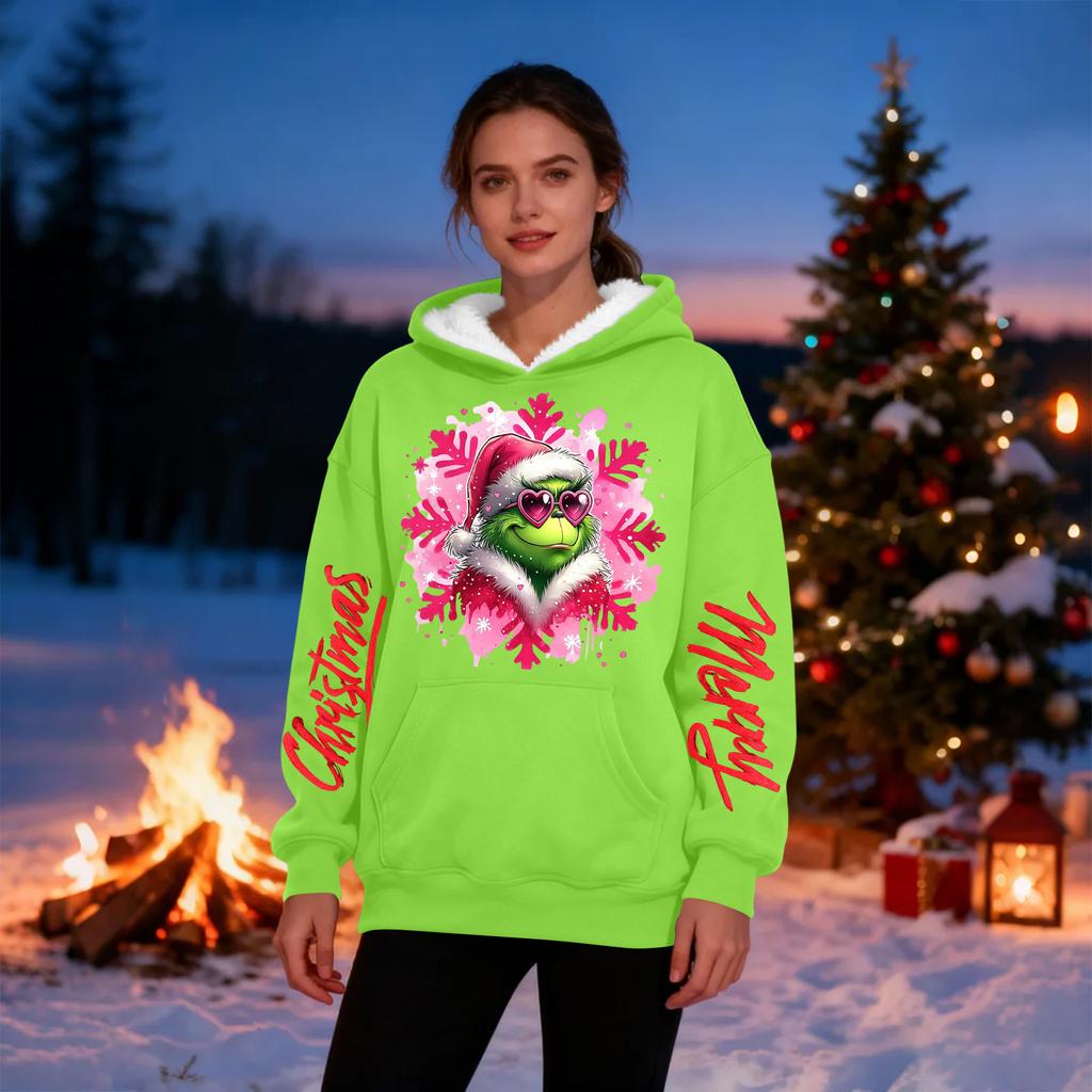 Damen Casual Mode Plus Samt Verdicktes Weihnachtsdruck Kapuzensweatshirt