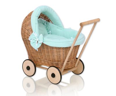 Cochecito de muñeca de mimbre con ropa de cama de menta y forro suave - natural