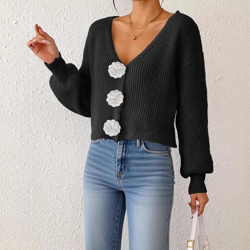 Women S Knitted Cardigan Sweater Streetwear Short Top With Crochet Buttons