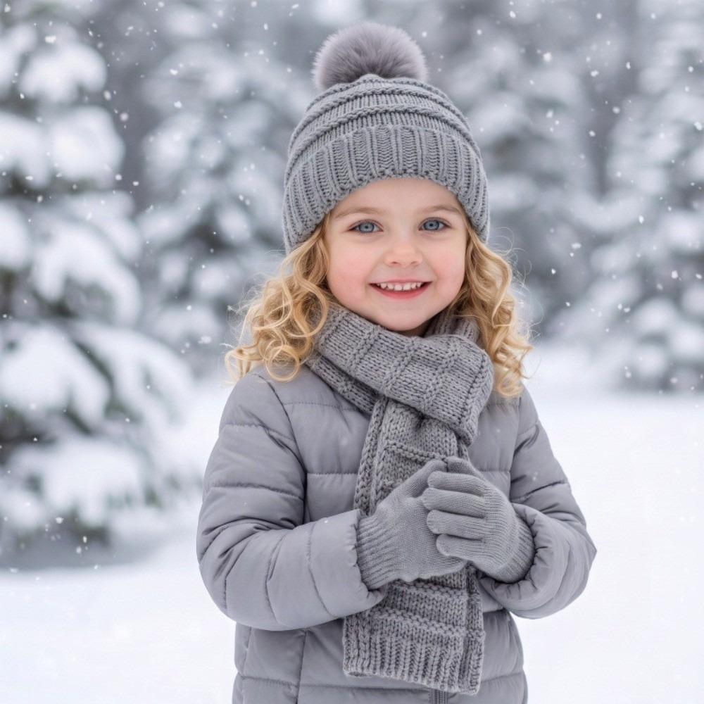 3Pcs/Set Pom Pom Knitted Scarf Gloves Set Soft Cozy Winter Hat Scarf Gloves Kit 2-5Y Baby Kids
