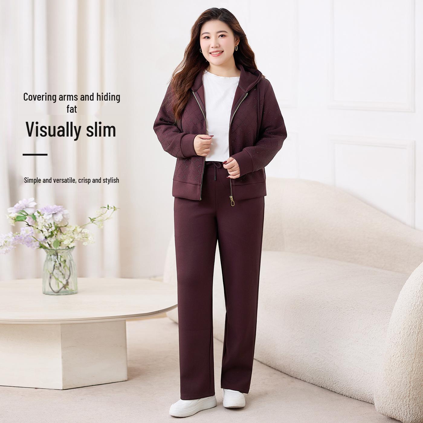 

Plus Size Rhinestone Hooded Two-Piece Sportswear for Women - Stylish and Age-Reducing Spring 2026 Collection. 7XL (210-240 lbs) красный