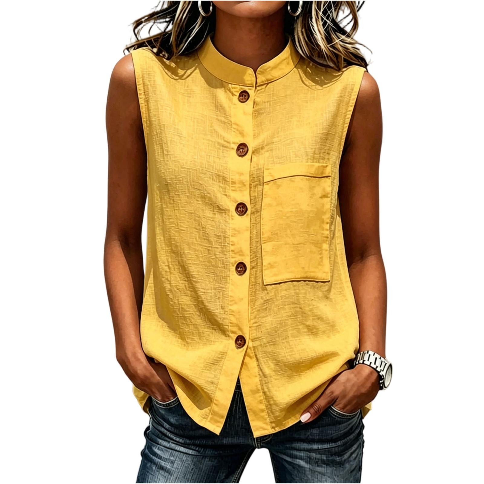 

Ladies Casual And Fashionable Stand Up Collar Sleeveless Shirt With Button Pocket Top XL жовтий