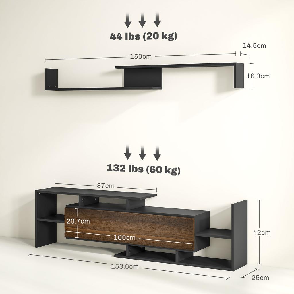 TV Cabinet with Wall Shelf, Open Shelves and Cabinet In Wood, Black and Brown