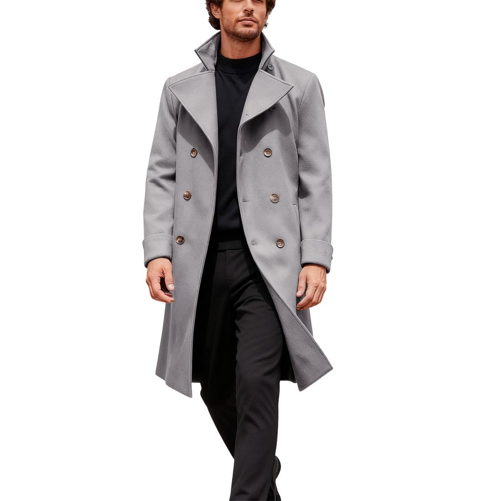Men's British Solid Color Long Coat Fashionable Warm Woolen Overcoat